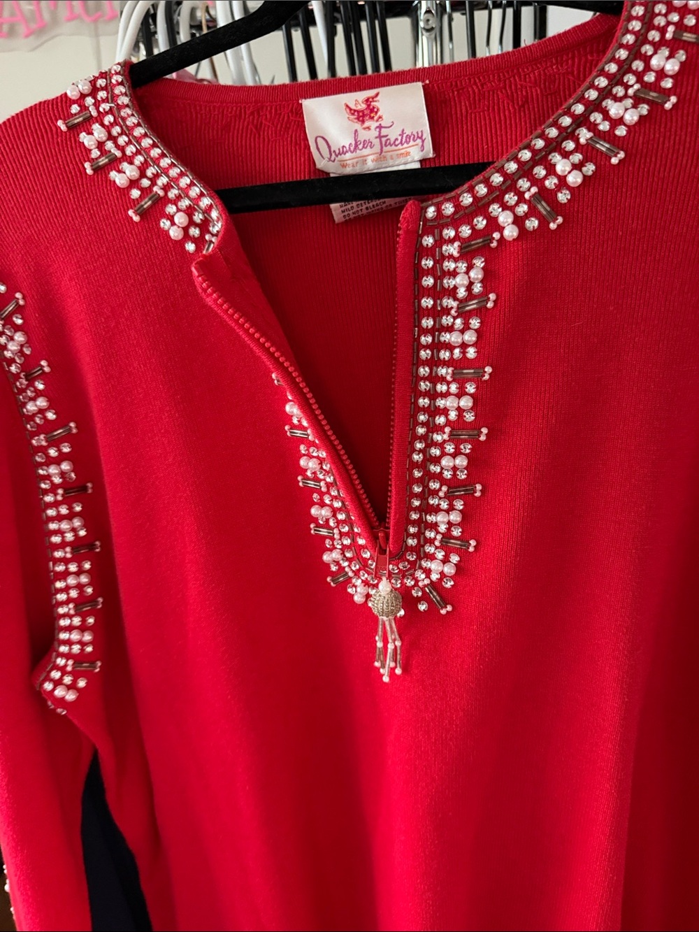Quacker Factory Red Embellished Knit Pullover with Tassel Zipper pull - Picture 10 of 10